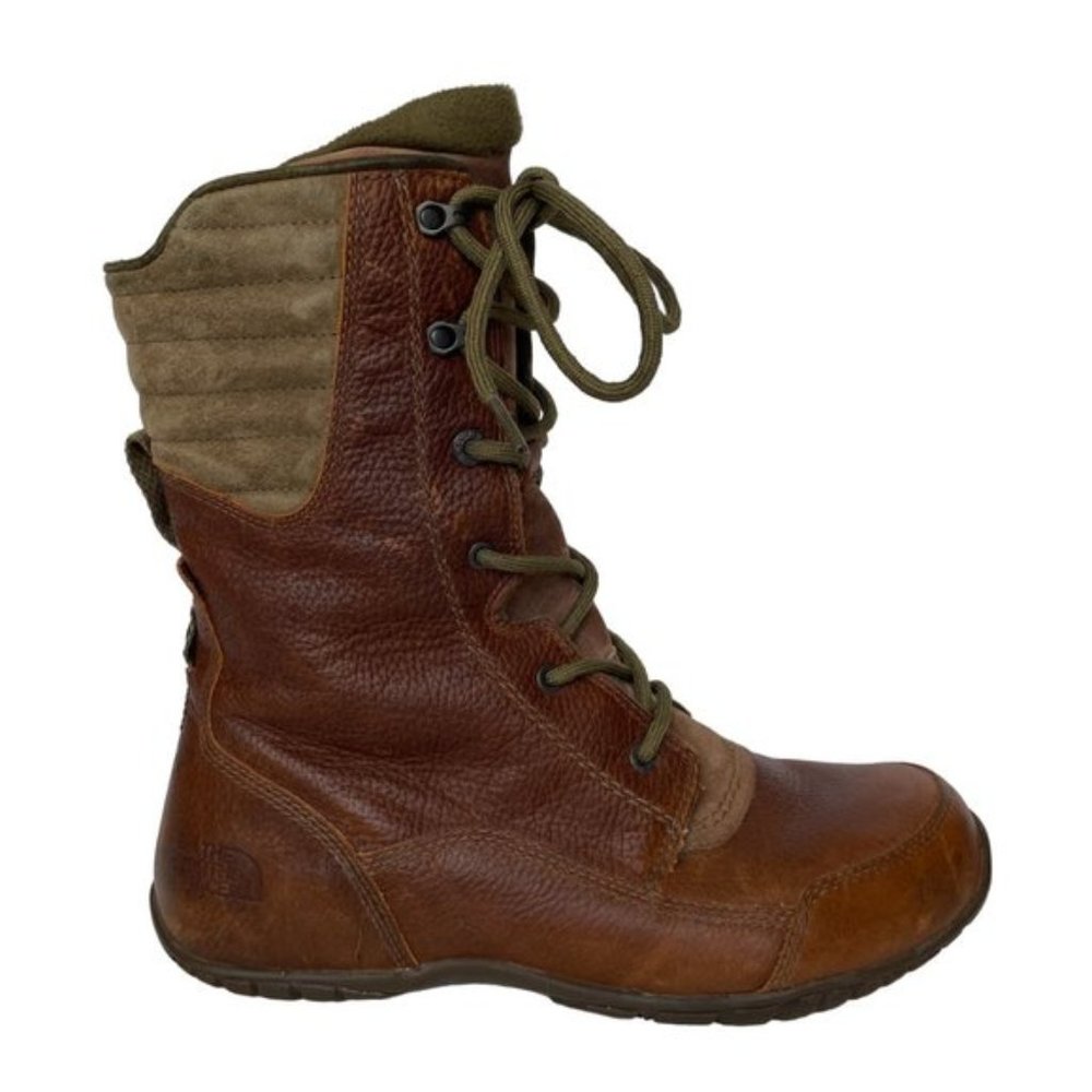 The North Face Purna Luxe Winter Boots Pebbled Leather Mid Calf Lace Up Brown 9